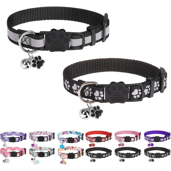 Reflective Cat Collars Breakaway for Big Cats/Adult Cats Boys and Girls with Bell and Charm, 3/5" Width Safety Buckle Nylon Kitten Collar, 2 Pack Adjustable Soft Cute Pet Collar for Summer
