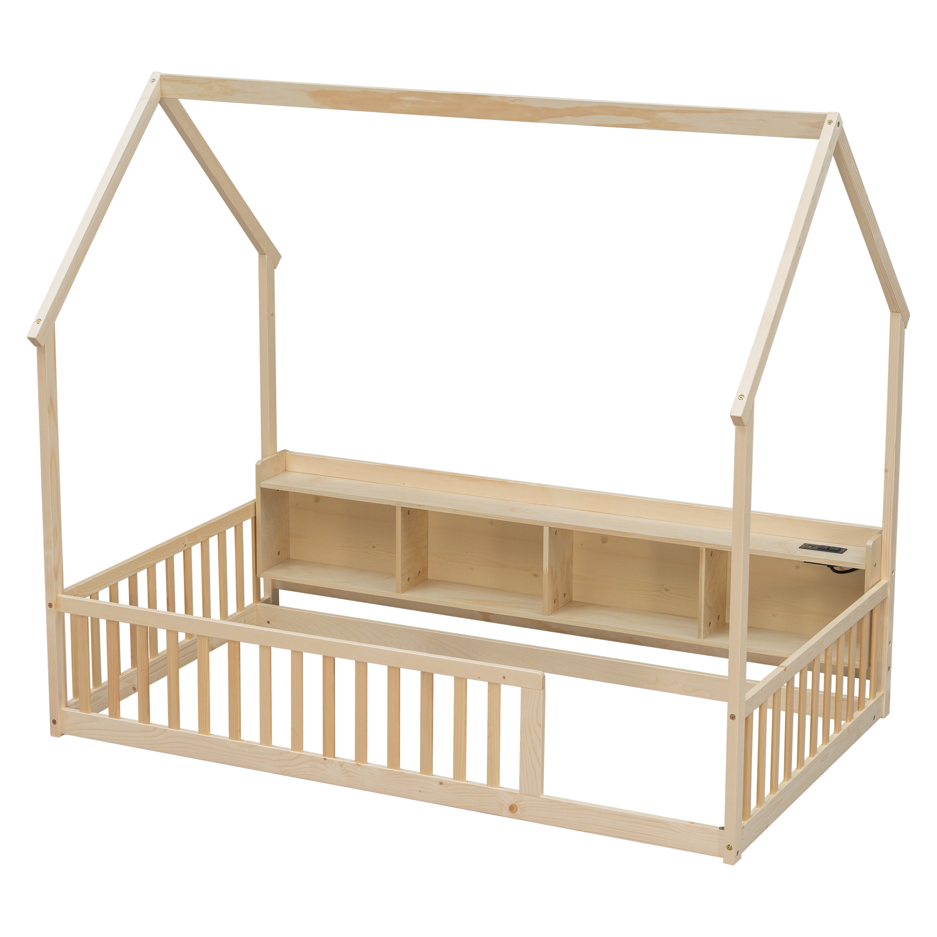 Floor Bed with House Design and Storage Shelves, Twin Pine Wood Platform Bed and Charging Station Bed Frame with LED Lights and Guardrails, Natural