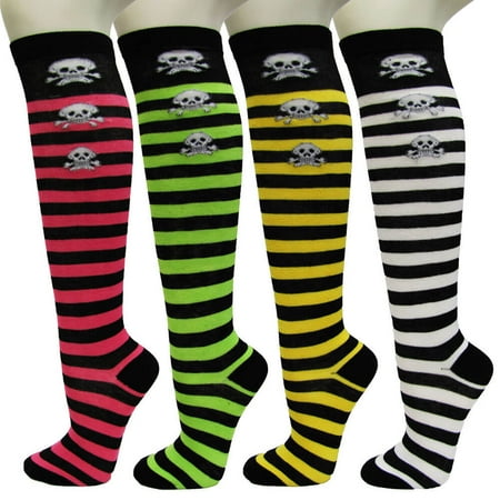 

Ladies Colorful Variety Design Assorted Knee High Stocking Socks (Striped with Skulls(4 Pairs))