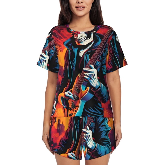 Balery Rock Skull Singer Conjunto de Pijama para Mujer con Estampado, Dos Piezas de Manga Corta y Shorts, Ropa de Dormir Suave con Cuello Redondo y Bolsillos-Small