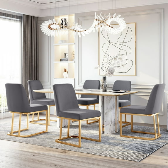 SYNGAR Dining Chairs Set of 6, Modern Comfort Upholstered Chairs with Soft Backrest and Gold Metal Base, Velvet Fabric Accent Chairs for Living Room, Home Side Chairs for Kitchen, Gray, D5576