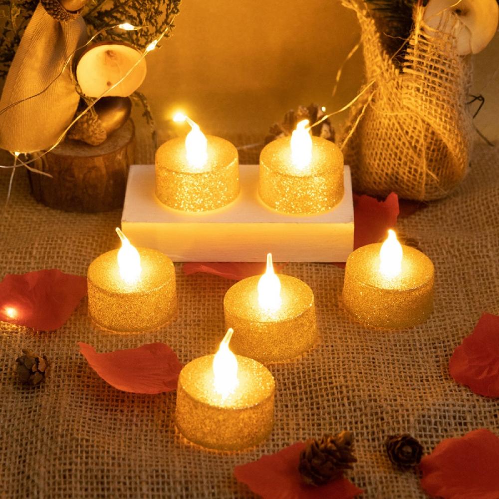 LED Tea Lights Battery Operated Gold Glitter Flameless Flickering