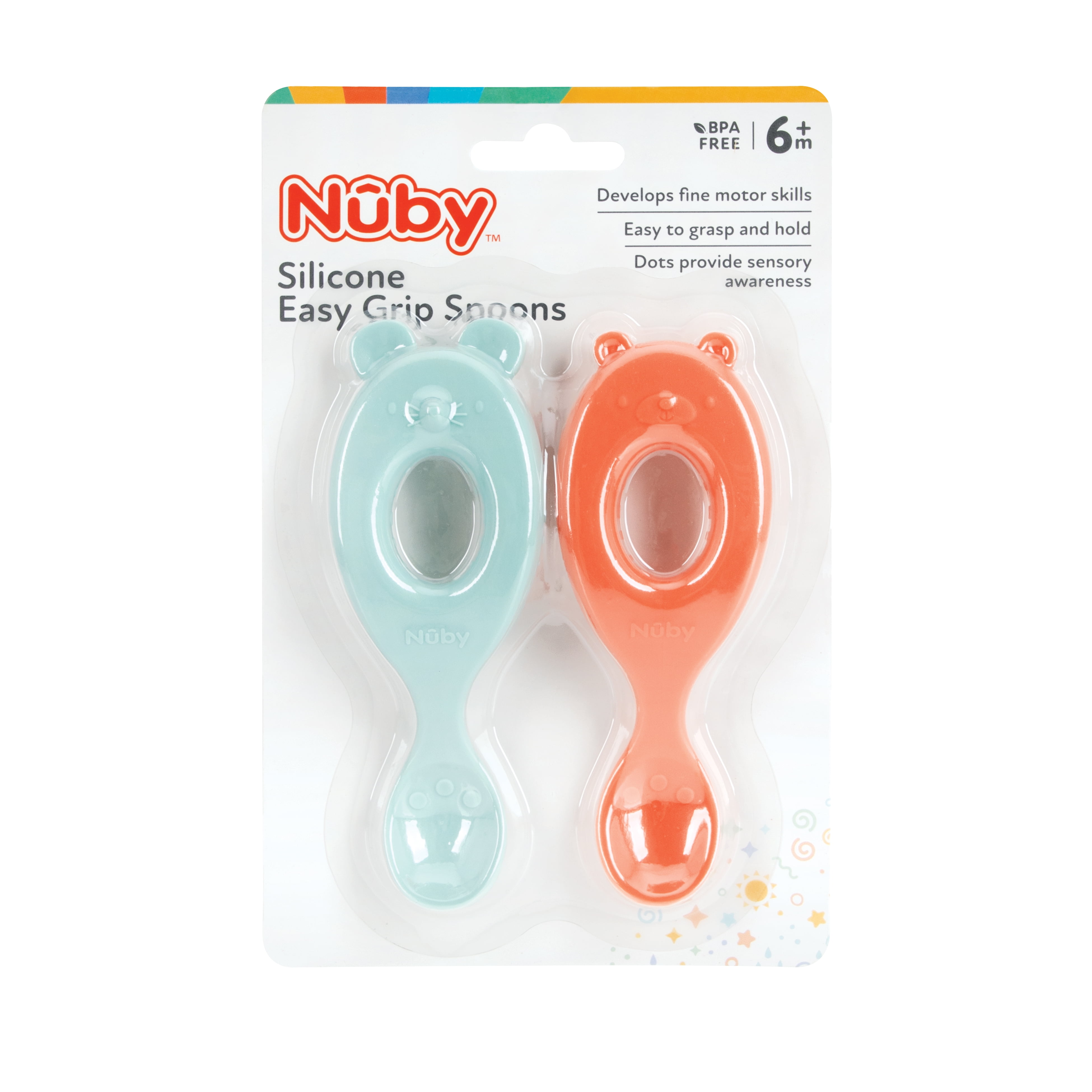 Nuby Animal Silicone Easy Grip Spoons for Babies, Mouse and Bear, 2 Count
