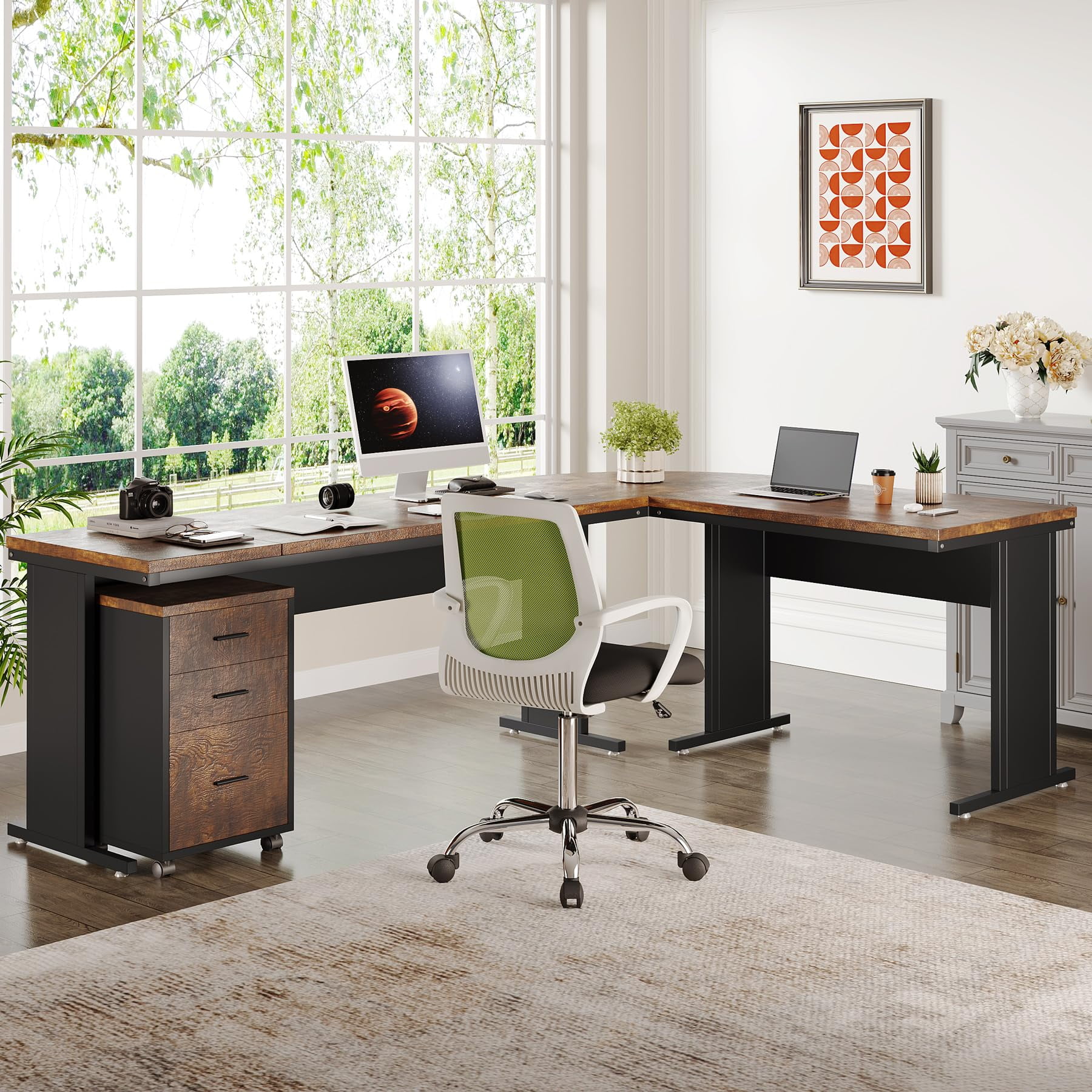 Tribesigns 83" L-Shaped Executive Desk, Large Office Desk with 3-Drawer Mobile File Cabinet, Industrial Corner Computer Desk with Storage Drawers for Home Office, Rustic Brown