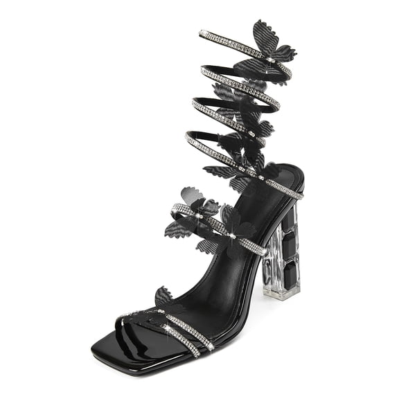 VBDB Women's Square Open Toe Butterfly Rhinestone Wrap Ankle Sandals, Clear Block Chunky Heel Dress Party Heeled Sandals