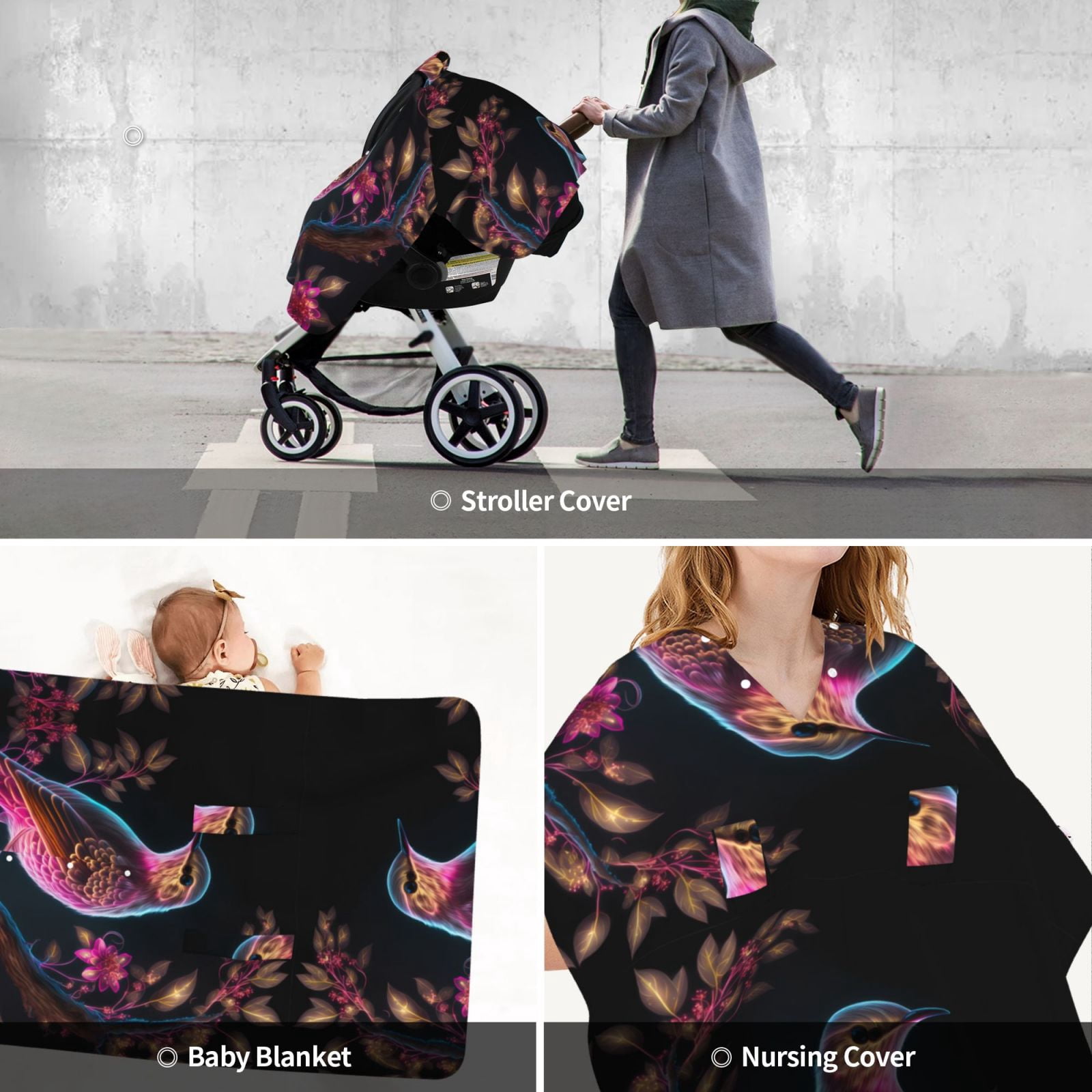 Car Seat Cover Baby - Pink Glowing Leaf Bird Breathable Infant Car Seat Cover for Baby Carseat, Lightweight Comfort Baby Essentials Must Haves Newborn Stuff for Girl Boy