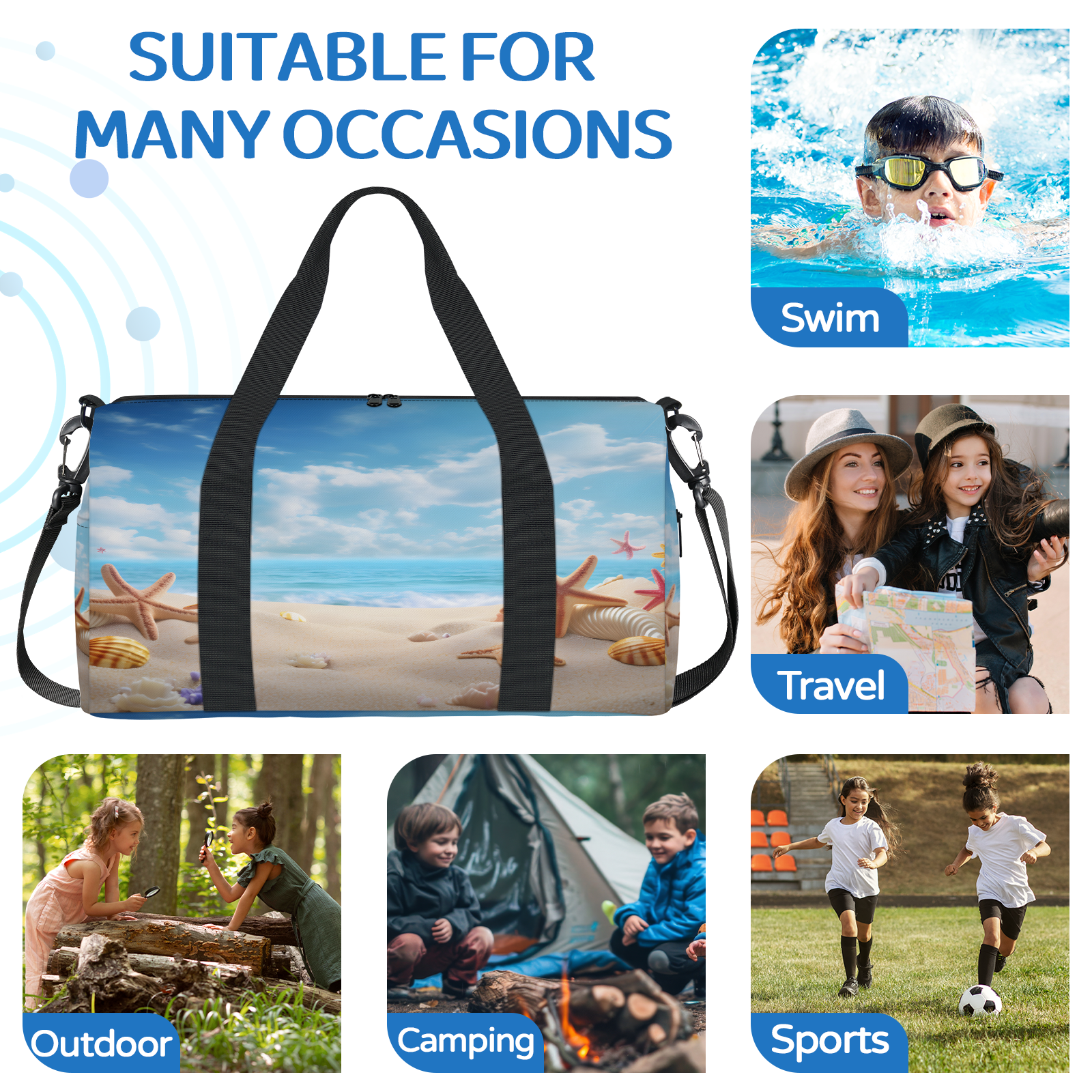 Herdesigns Ocean Beach Seashell Starfish Gym Bag for Women, Duffle Bag for Travel Sport, Nautical Coastal Lightweight Waterproof Carry on Weekender Dance Yoga Workout Bags