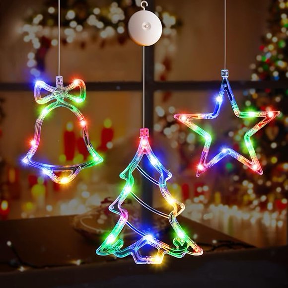 3Pcs Christmas Window Lights Decorations, Battery Powered Christmas Window Hanging Warm White Lighted Tree Bell Star Shaped LED Sucker Lamp for Xmas Tree Fireplace Window Indoor Outdoor Decor