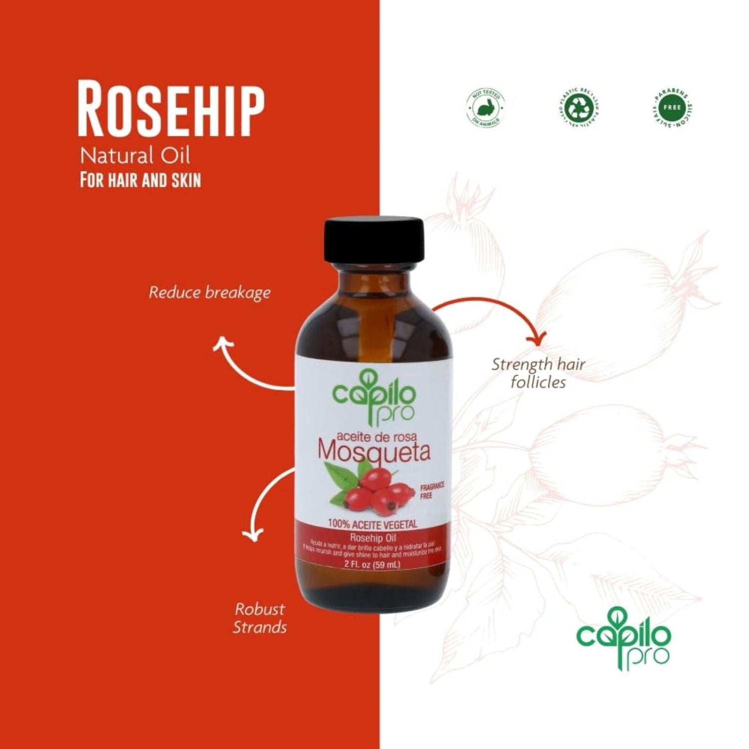 (3 pack) Capilo Pro Rose Hip Oil, Hair & Skin Nourishing Treatment, 100% Vegetable Oil, 2 fl oz