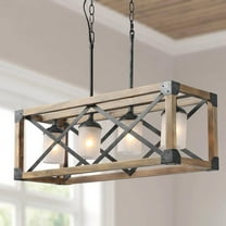 LNC Farmhouse 4-Light Rectangle Chandelier with Wood Frame and Frosted Glasss, 27.5" Wide