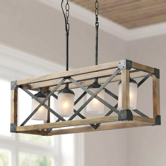 LNC Farmhouse 4-Light Rectangle Chandelier with Wood Frame and Frosted Glasss, 27.5" Wide