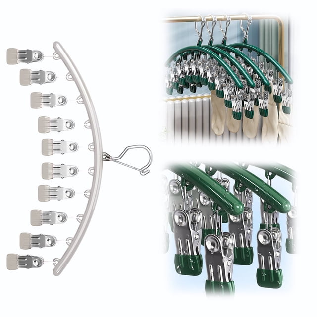 Home Textile Storage Clearance A Pants Hanger with 10 adjustable clips, featuring a curved metal frame with green accents, ideal for hanging and organizing small clothes in closets or wardrobes. A space-saving multi-clip organizer with durable hooks for versatile storage.