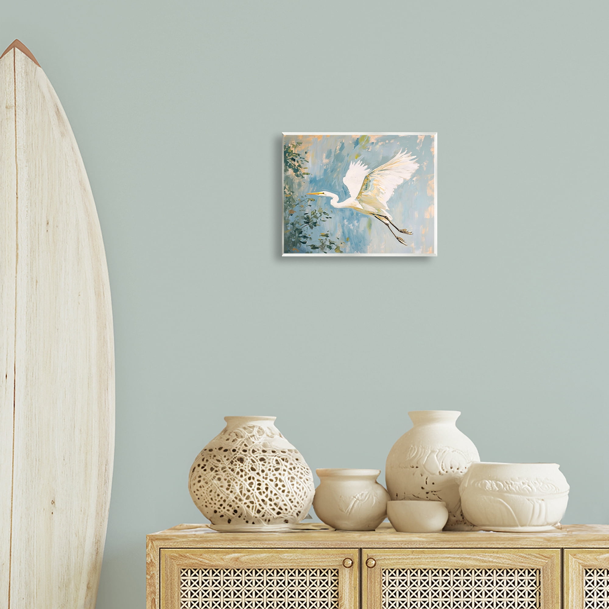 Stupell Industries White Heron in Flight Animals & Insects Painting Unframed Art Print Wall Art, 14 x 11