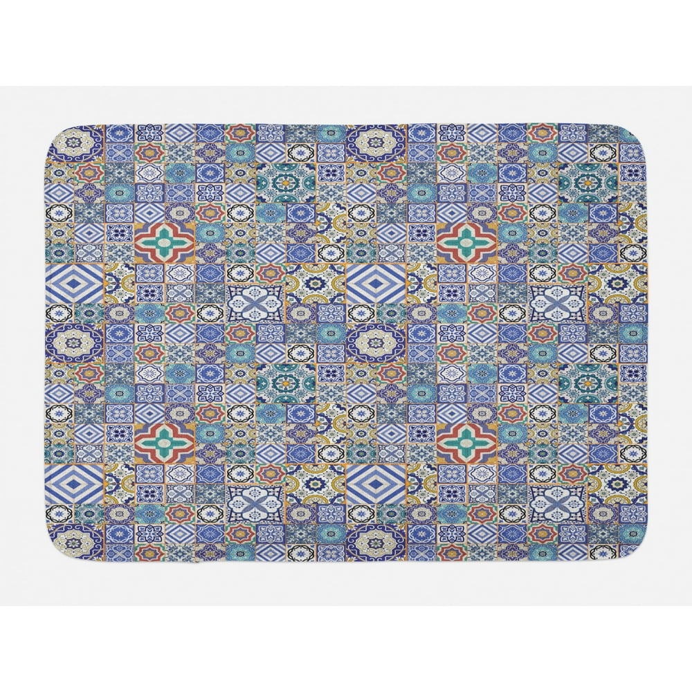 Moroccan Bath Mat, Grid Style Squares Ornamental Geometric Elements