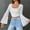 White, variant on Abtuhar Women Long Sleeve Tops Solid U Neck Cropped Flare Sleeve Straight Hem Light Fabric Fall Shirts