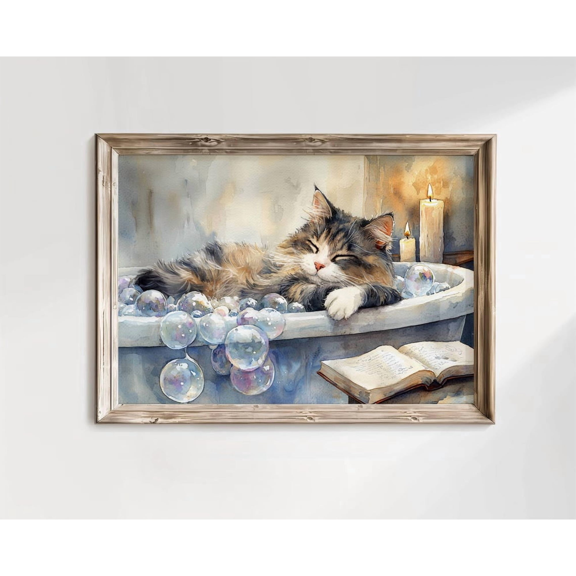 Cat Bubble Bath Book Lover Wall Art Print Cozy Bathroom Home Decor