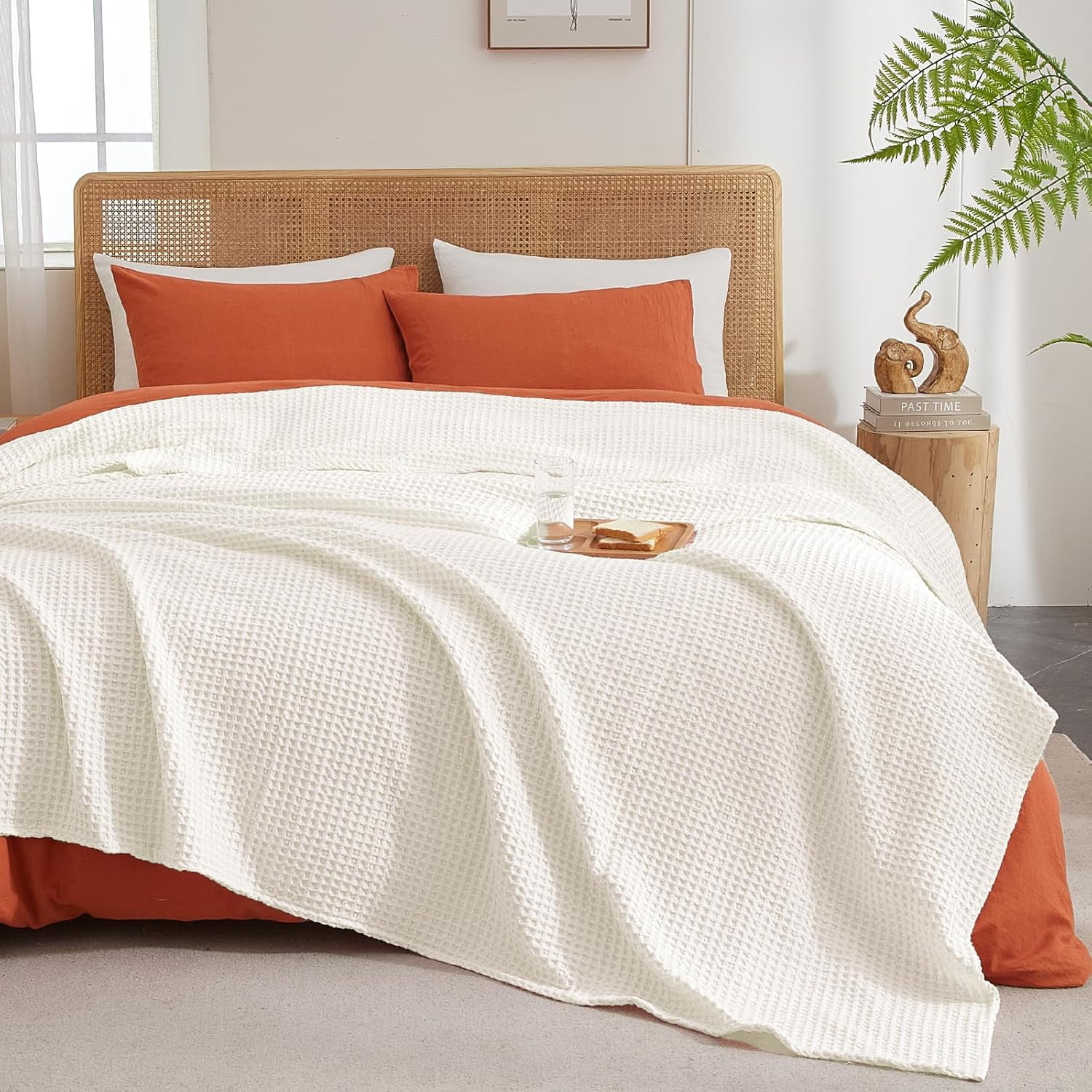PHF Ultra Soft Waffle Weave Blanket King Size, Washed Lightweight Summer Breathable Blankets for Hot Sleeper, Coconut White, 104x90 inches