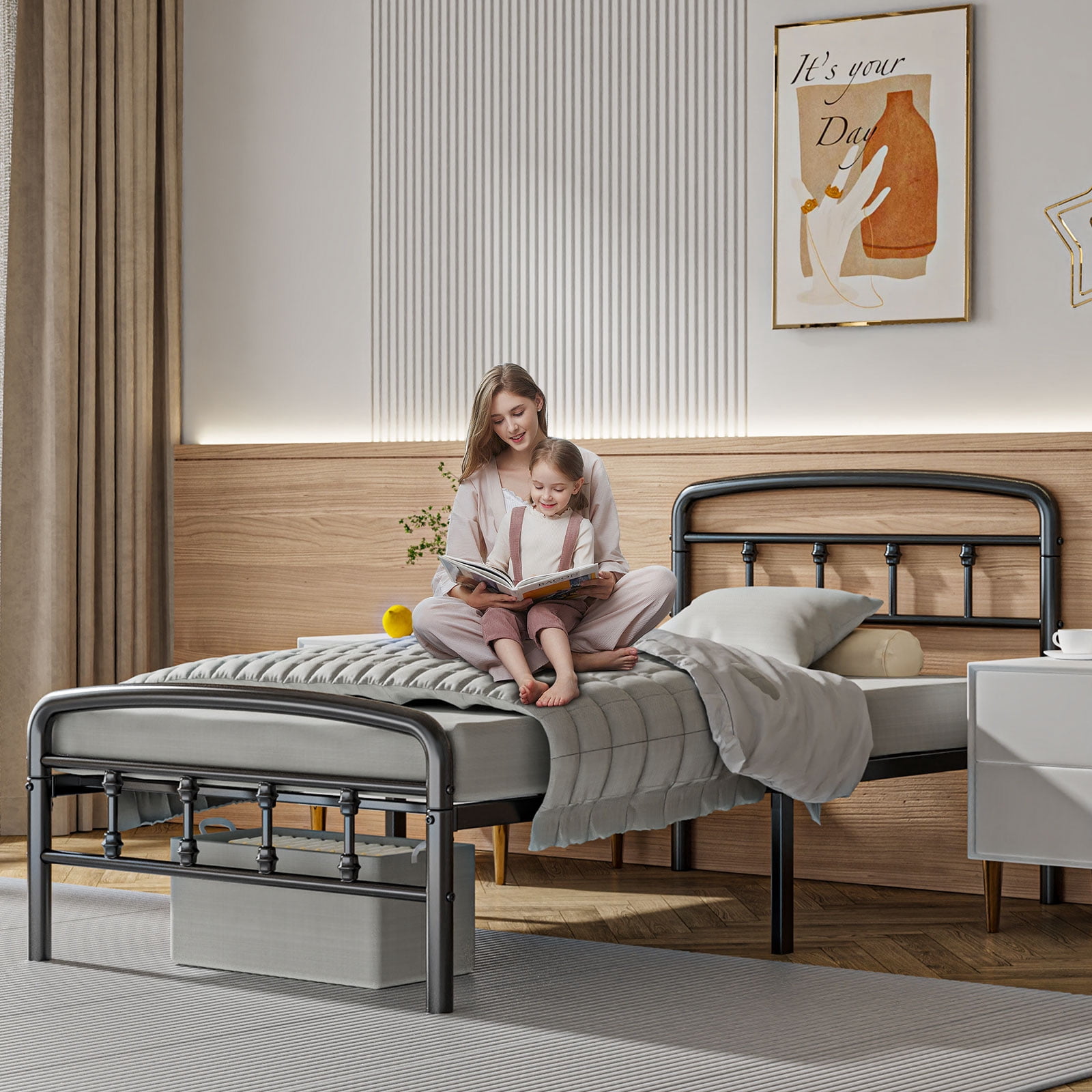 Metal Twin Bed Frames, Victorian Style Headboard and Footboard, No Squeak, Heavy Duty 1500lbs Support, Easy 20-Min Tool-Free Assembly, No Box Spring Needed/Underbed Storage