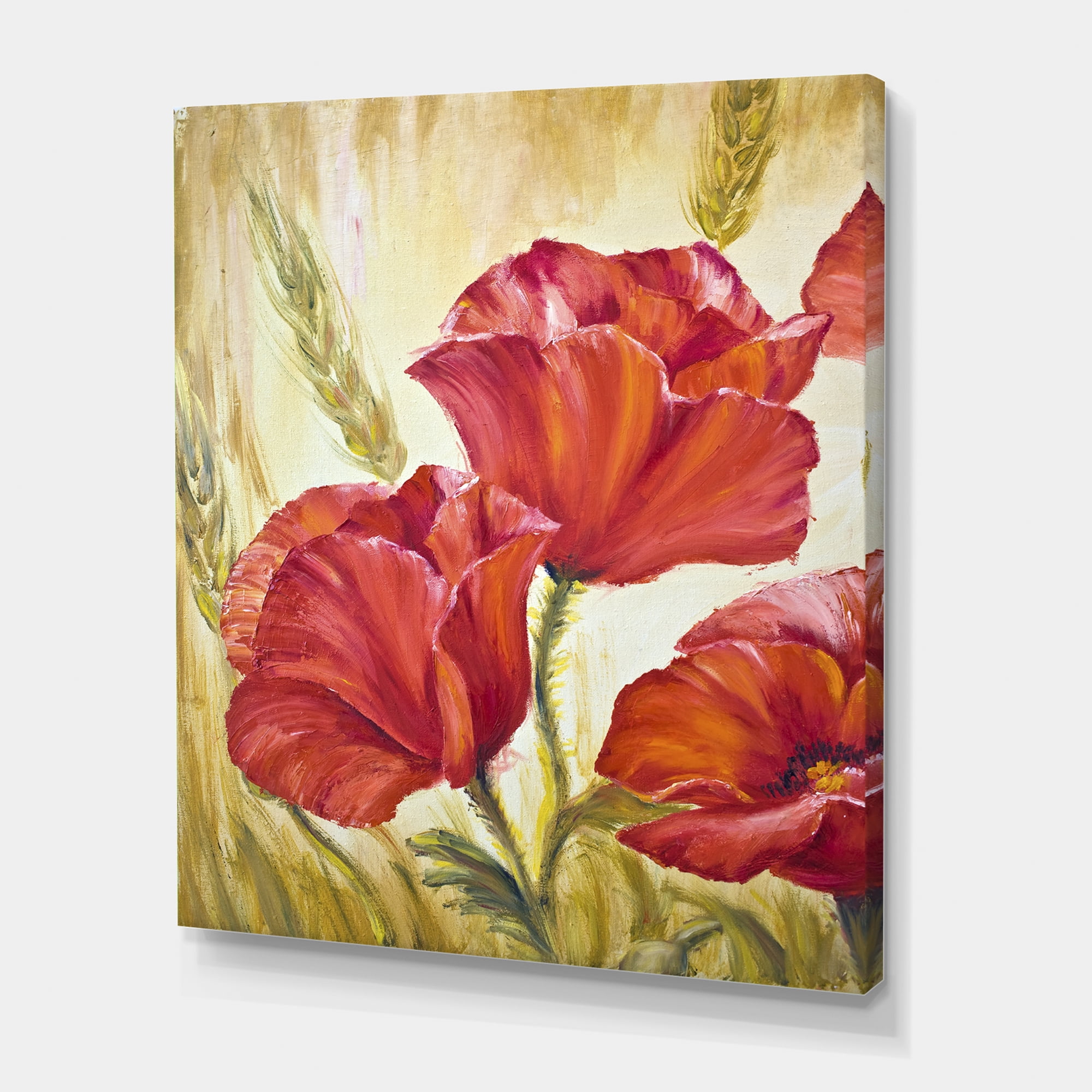 Blossoming Red Poppies In Wheat Fields II 12 in x 8 in Painting Canvas Art Print, by Designart