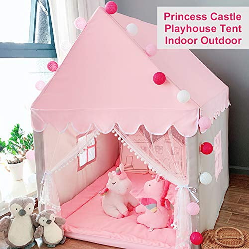 RegeMoudal Princess Tent Pink Play Tents for Girls Large Playhouse Kids Castle with 25ft Star Lights and Colorful Play Ball Toy for Children Indoor and Outdoor Games DxH 55 x 53 