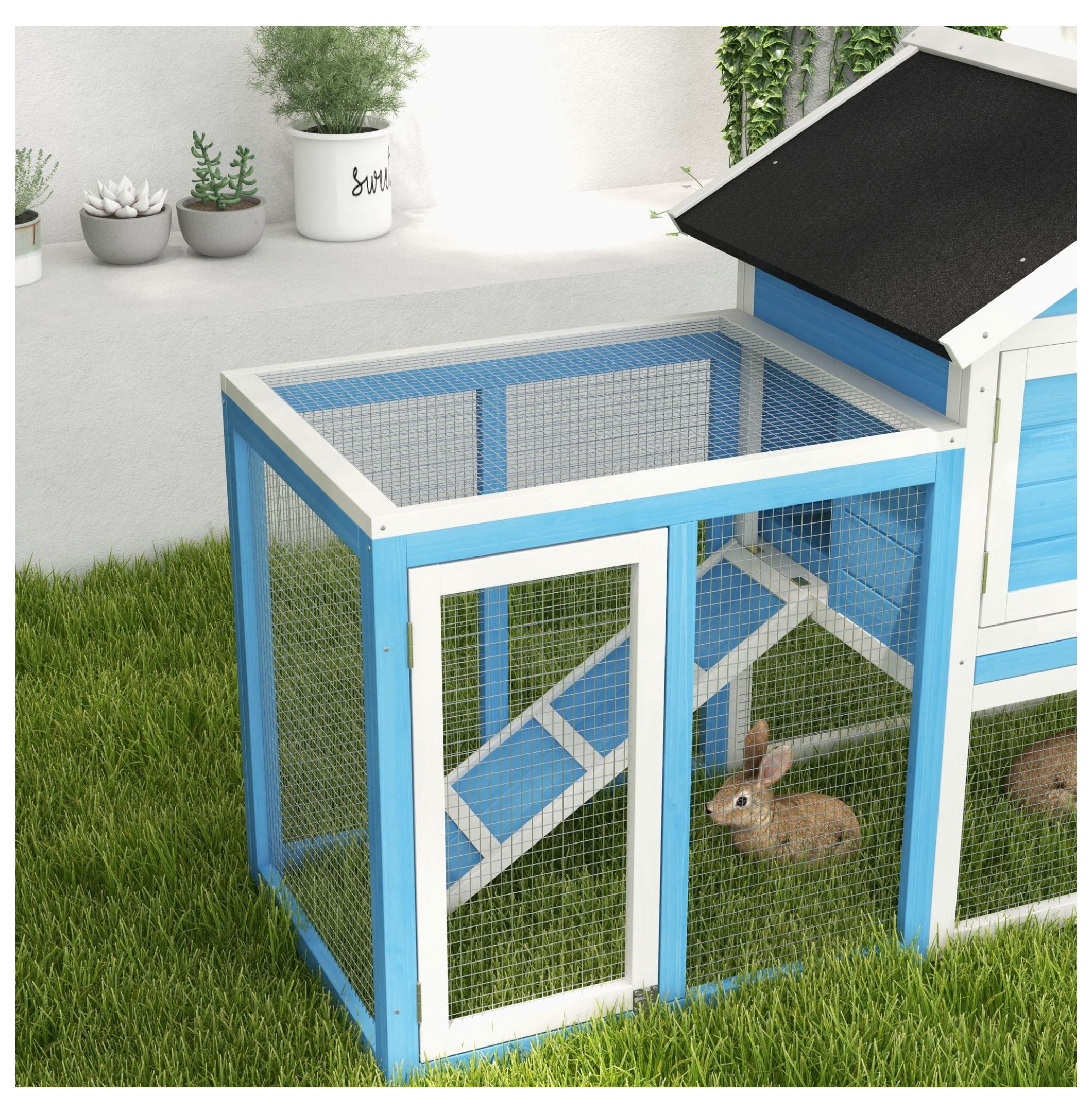 Indoor Rabbit Enclosure, Outdoor Hutch Inch Bunny Cage with Waterproof Roof Run Removable Tray Ramp Light Blue