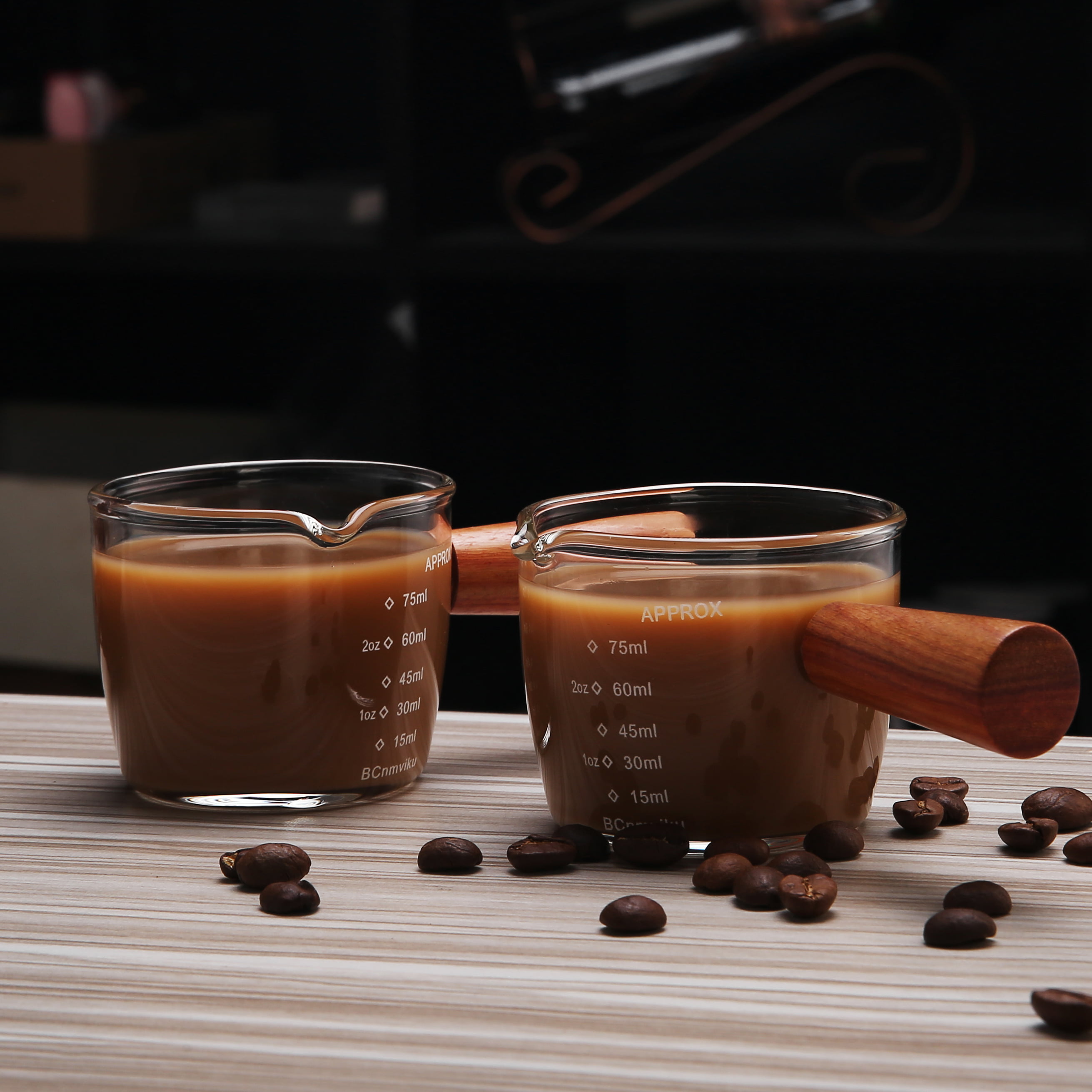 BCnmviku Espresso Shot Glass 150ML/5OZ Triple Pitcher Barista Single Spouts  With Wood Handle (1)