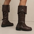 thumbnail image 4 of Wide Calf Knee High Boots Women Zipper Fold Over Leather Tall Riding Booties Round Toe Buckle Strappy Fall Winter Long Boots, 4 of 7