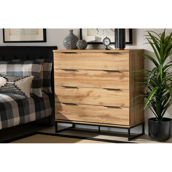 Baxton Studio Reid Modern and Contemporary Industrial Oak Finished Wood and Black Metal 4-Drawer Dresser