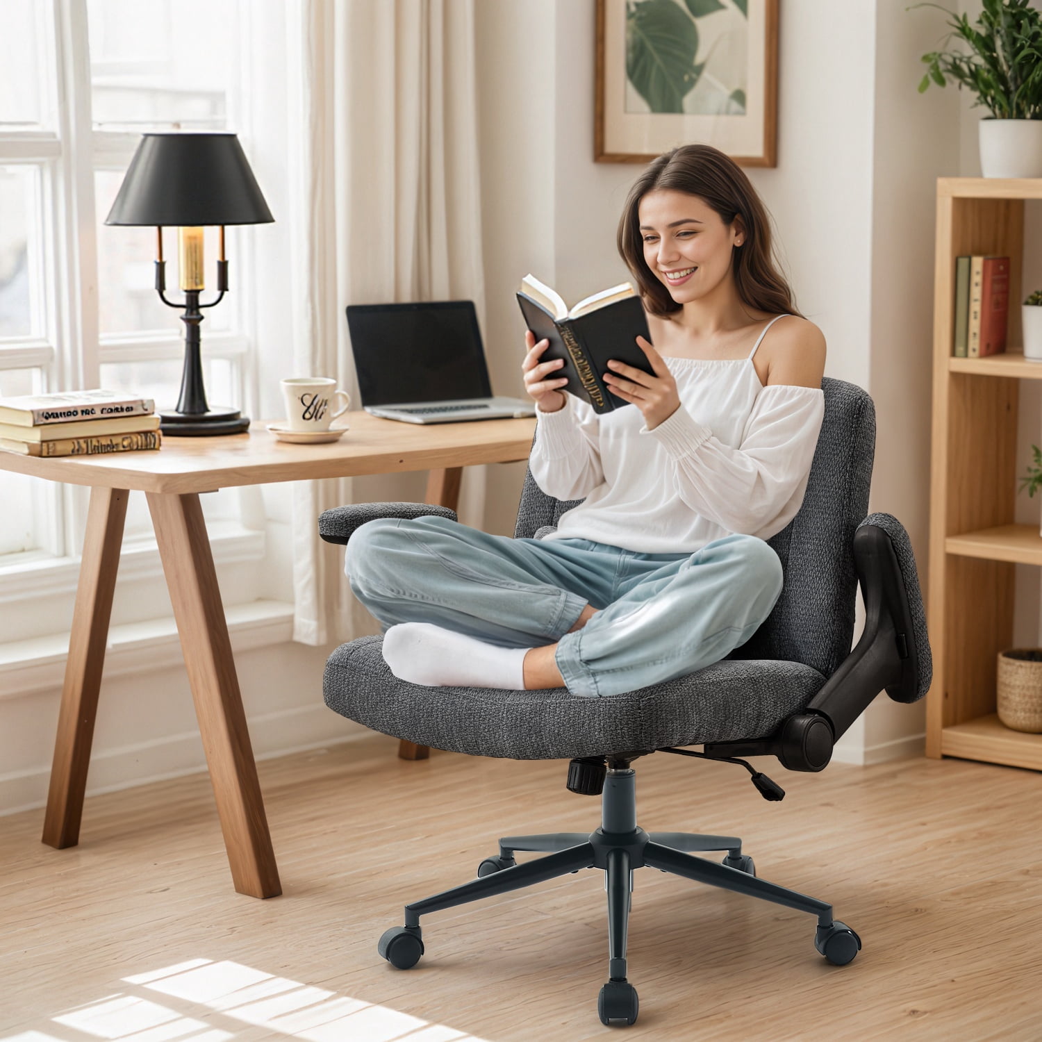 IPKIG Ergonomic Office Chair with Wheels and Flip-Up Arms, Wide Seat Swivel Desk Chair for Home Office, Computer, Vanity, Chenille Dark Gray
