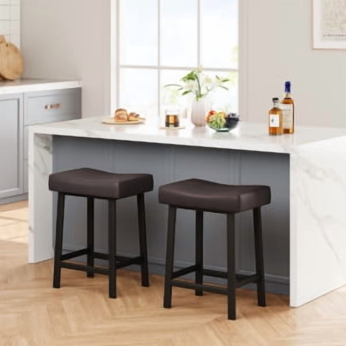 Acekid Bar Stool Set of 4&nbsp;– 24 Inch Counter Height, Upholstered Padded Seat with Curved Surface, Ergonomic Saddle Design for Kitchen/Home, Black + Brown Cushion