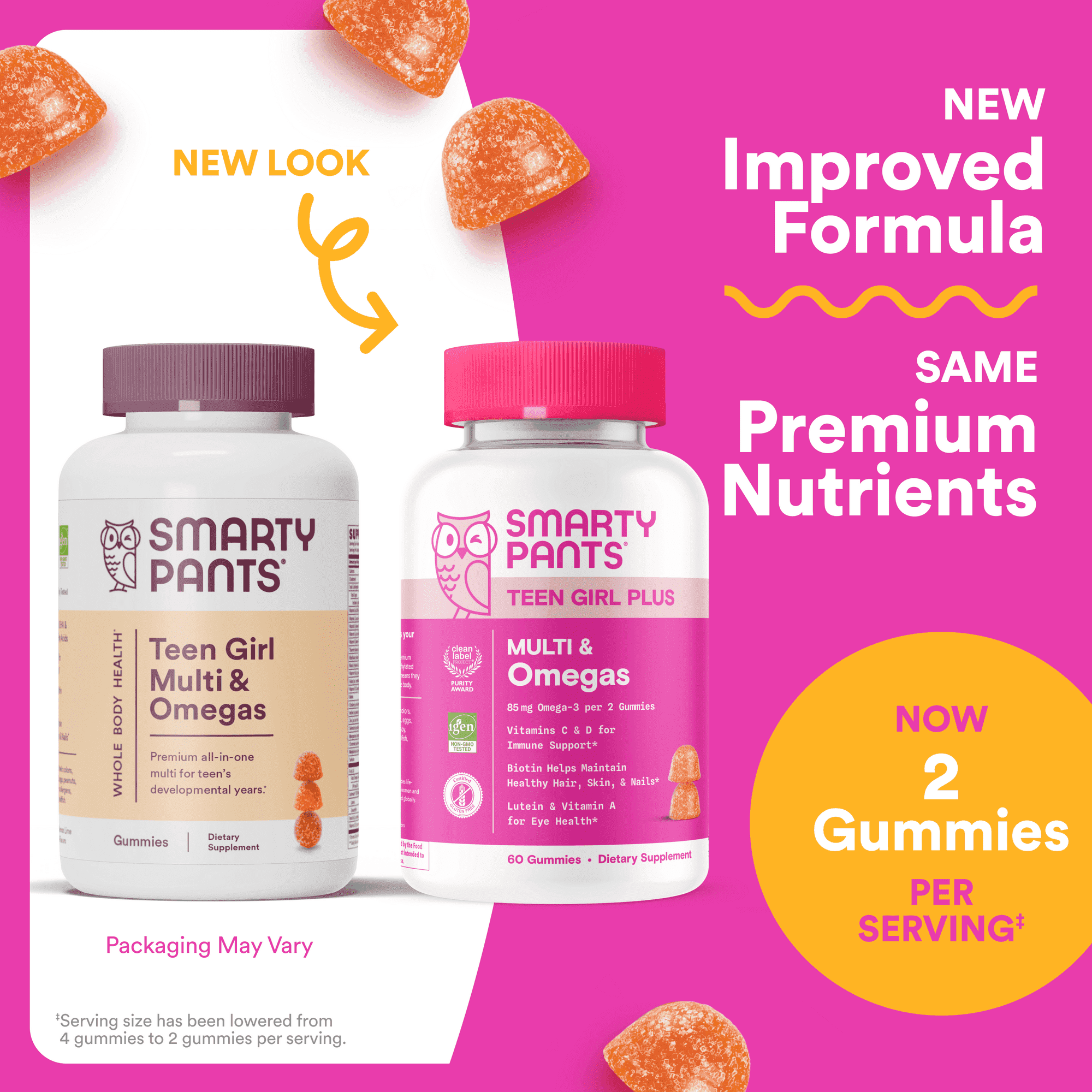 SmartyPants Teen Girl Plus Multi & Omega-3 Gummies 2-Pack, Improved Formula, 40% Less Sugar, 60 Ct