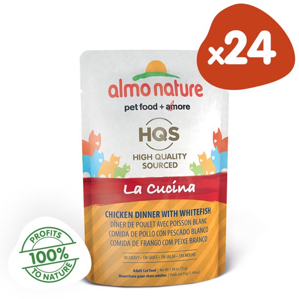 12 Pack Almo Nature Hqs La Cucina Chicken Dinner With Whitefish In Gravy Grain Free Wet Cat Food Pouches 1 97oz Pouches Walmart Com Walmart Com