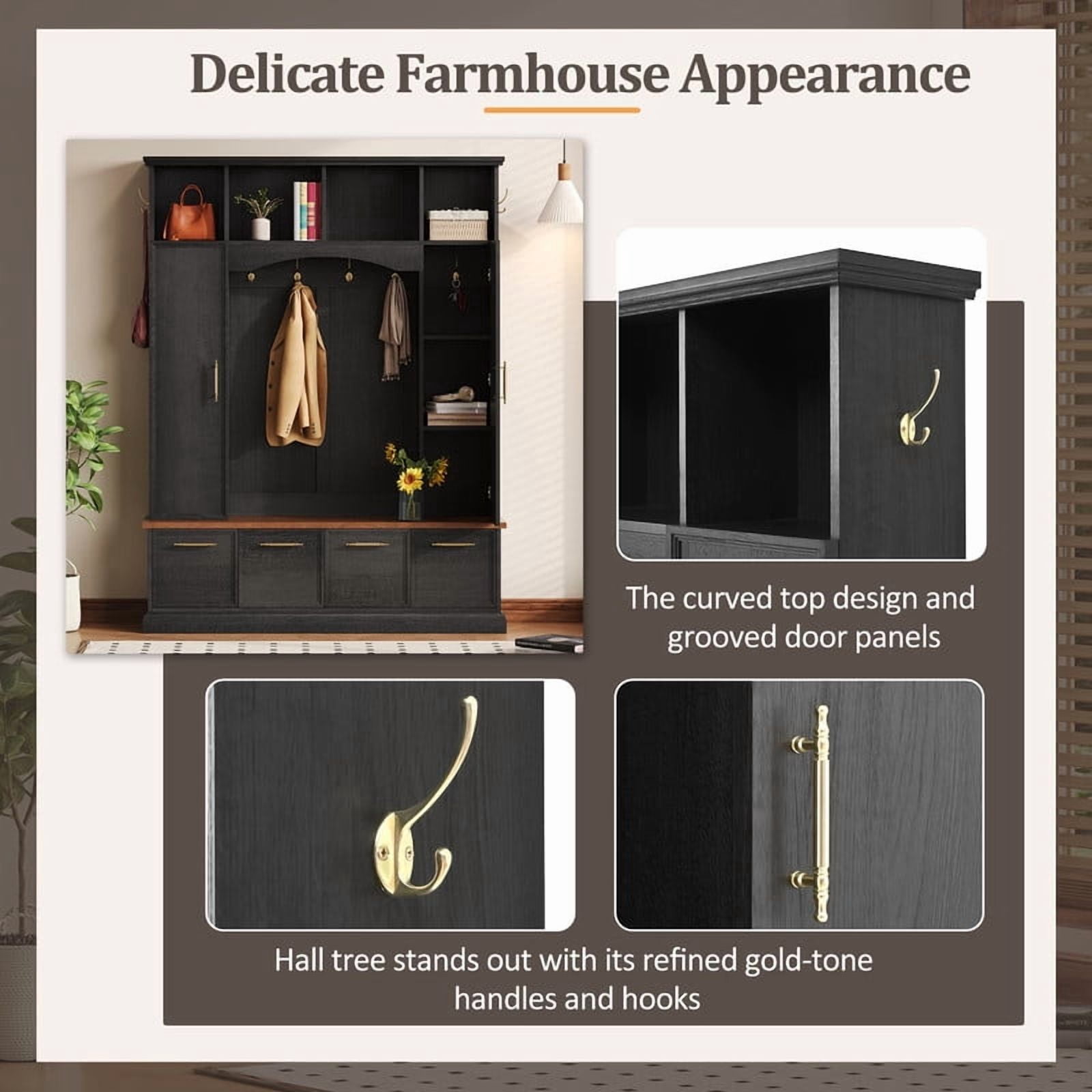 Farmhouse 4-in-1 Hall Tree with Golden Hooks & Handles, Entryway Shoe Bench with Adjustable Shelves, Farmhouse Coat & Shoe Rack for Mudroom
