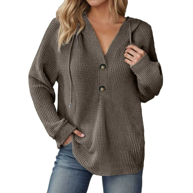 European Style Ladies Knitted V Neck Long Sleeve Hoodie with Drawstring and Button Details for Fashionable Comfort