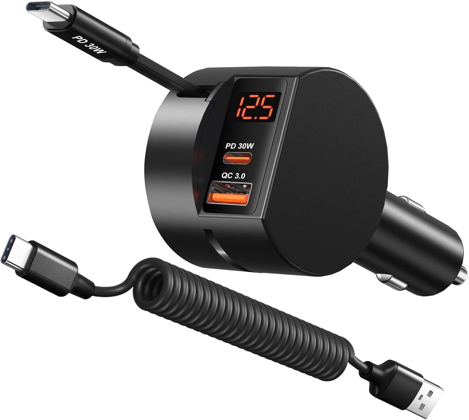 RGHJAR-78W Retractable USB C Car Charger, 3-Port 12v Cigarette Lighter Car Adapter with Type C PD30W Fast Charging Cord+Coiled USB C Cable for iPhone 17 Air 16 15 14 Pro Max, Samsung Galaxy S25 S24