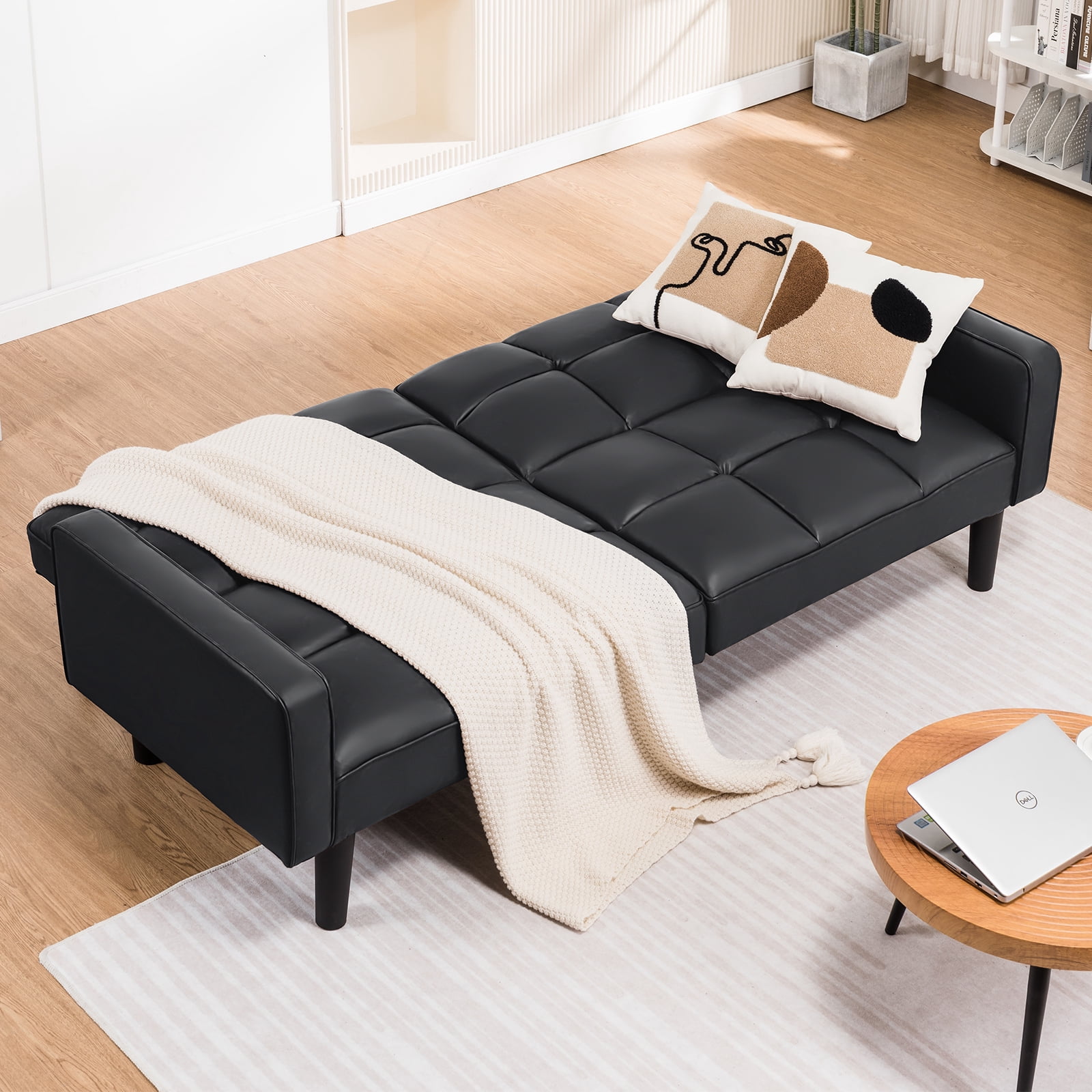 COMHOMA 76" Futon Sofa Bed PU Convertible Sofa with Adjustable Backrest Folding Sleeper Sofa,Black