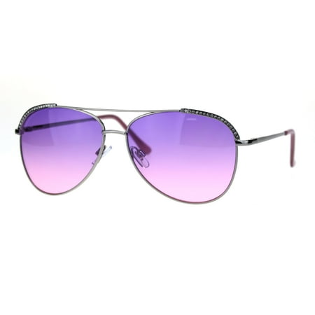 Thirty Two Womens Lashed - Rhinestone Lash Trim Iced Out Bling Womens Officer Style Metal Sunglasses Silver Purple Pink