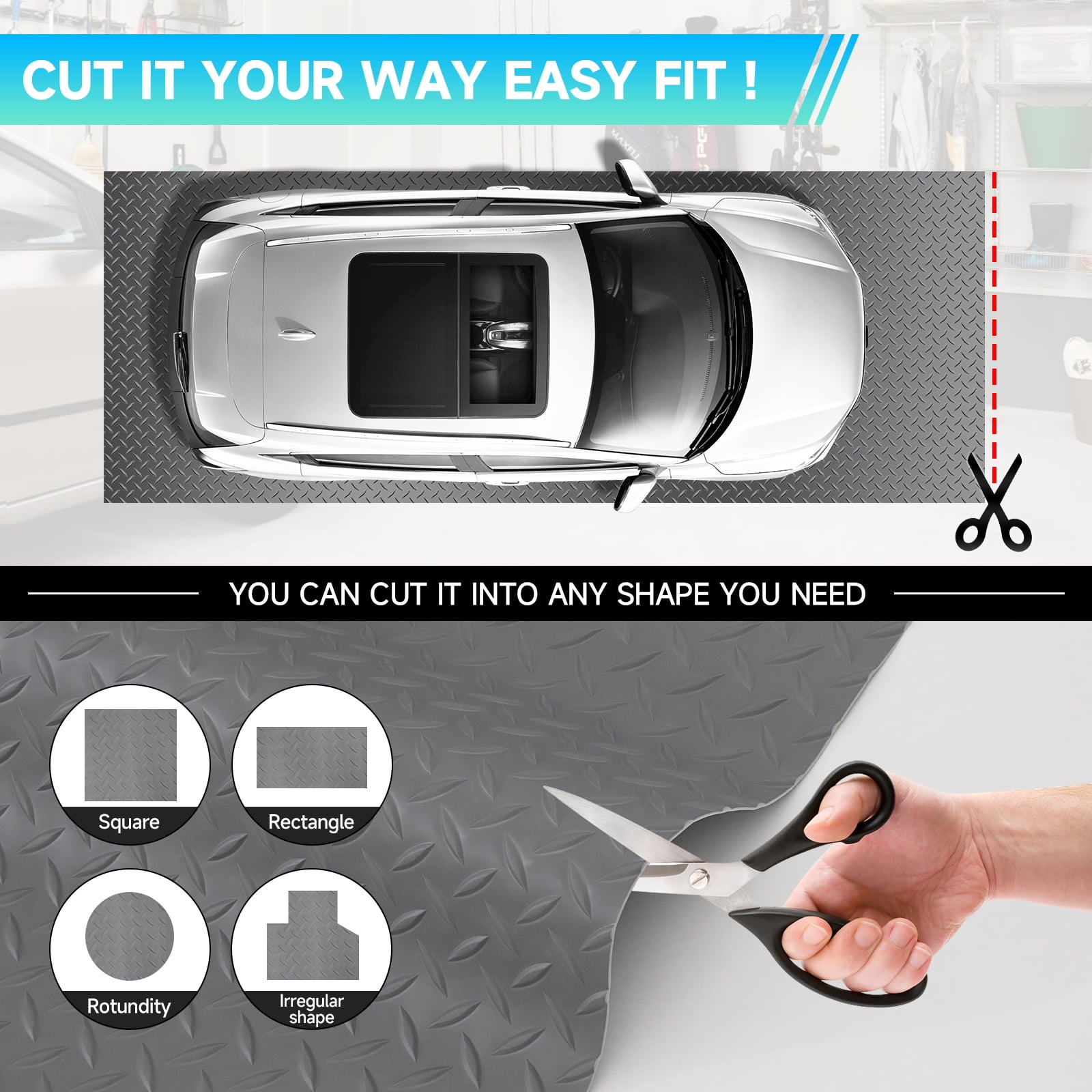 Garage Floor Mat, 7.5 x 20 FT Thickened Diamond Plate PVC Garage Mats Flooring Roll for Under Car, Garage Car Parking Mats for Sports Car，Compact SUVS，Silver