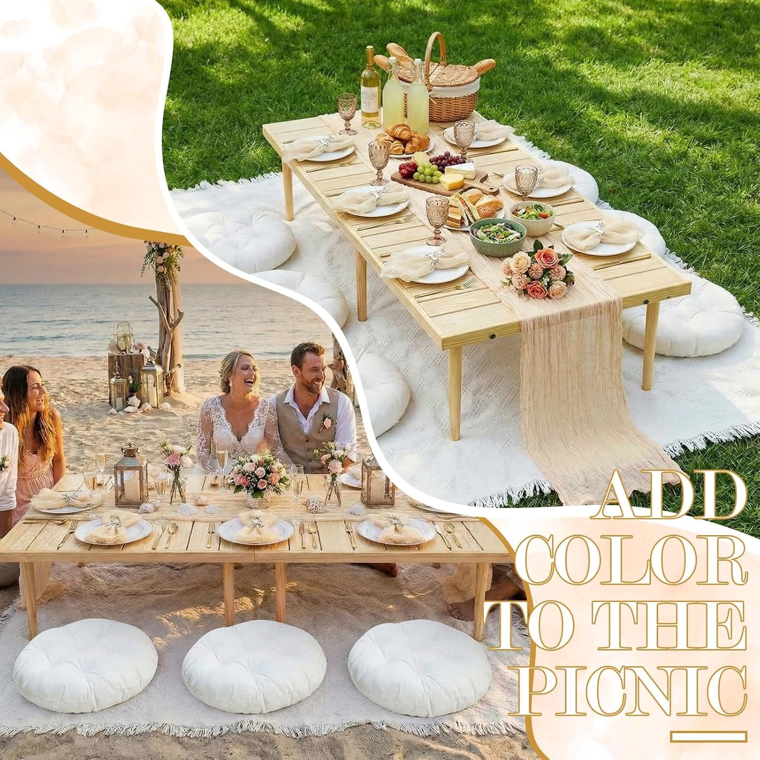 91 x 71'' Extra Large Outdoor Picnic Blanket with Beige Table Runner 6 Napkins and 6 Beige Floor Pillows Cushions for Picnic Party Camping Wedding Bachelorette Birthday Baby Shower Decor