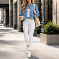 thumbnail image 5 of Women's Puff Sleeve Cropped Denim Jacket Stand Collar Button Front Loose Fitting Short Jean Outerwear Sky Blue L, 5 of 10