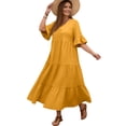 thumbnail image 2 of LWavelet Women's Plus Size Tiered Maxi Dress 3/4 Sleeve V-Neck Ruffle Cuff Casual Loose Dress Yellow 4XL, 2 of 5