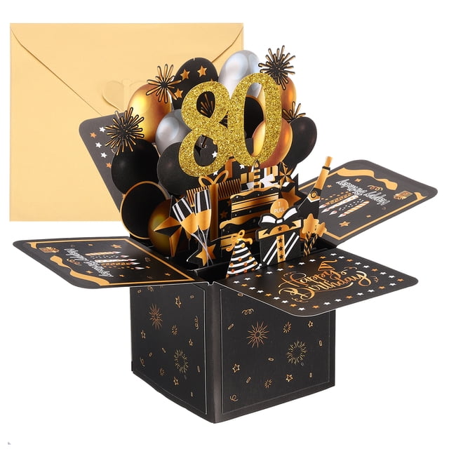 Tarjeta de cumpleaños 80 de Uxcell, tarjeta de cumpleaños emergente con tarjeta de saludo y sobre para regalo de mujer o niña, negro y dorado