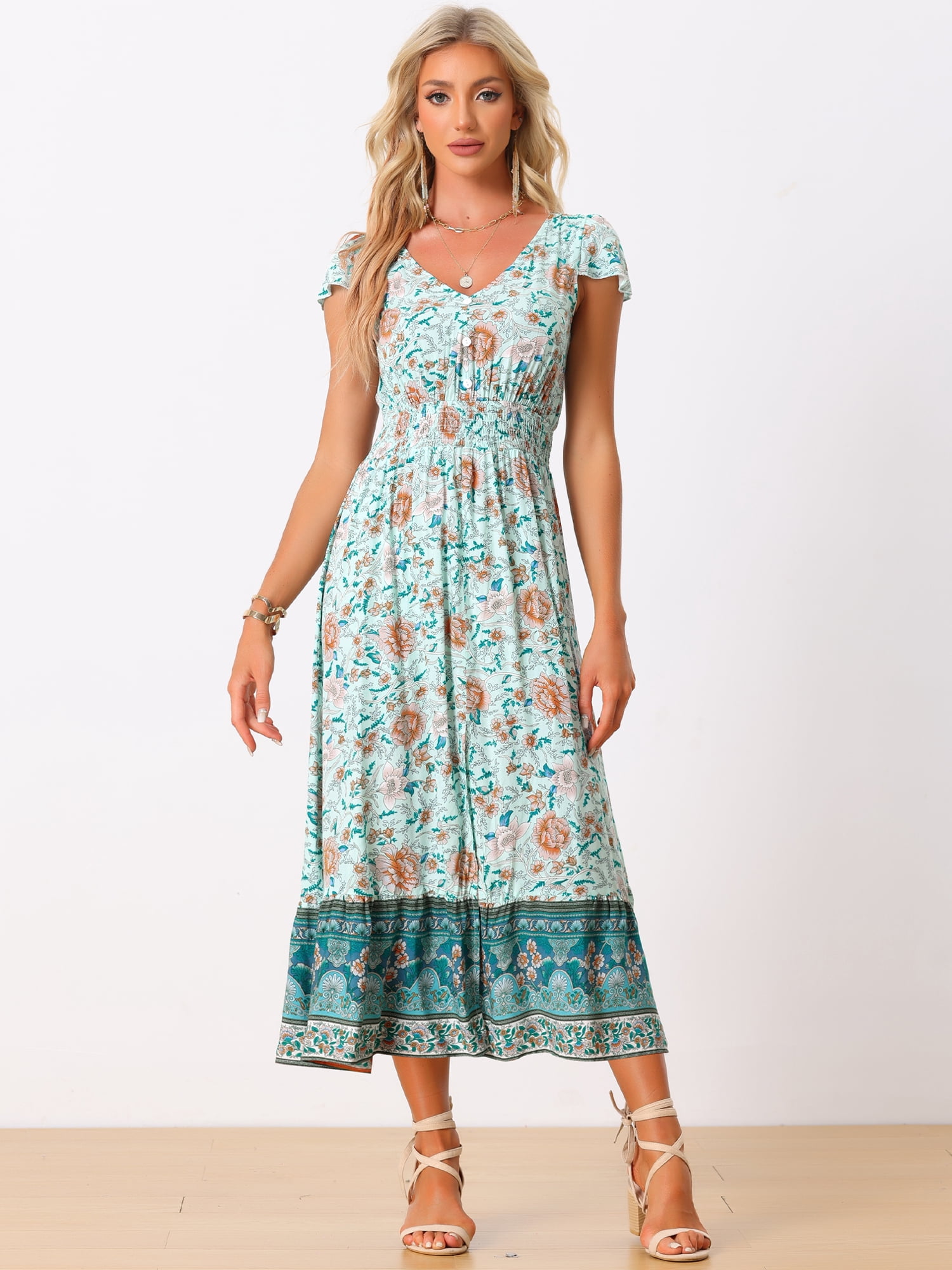 DARING DIVA V Neck Long Boho Floral Smocked Waist Dress S Green