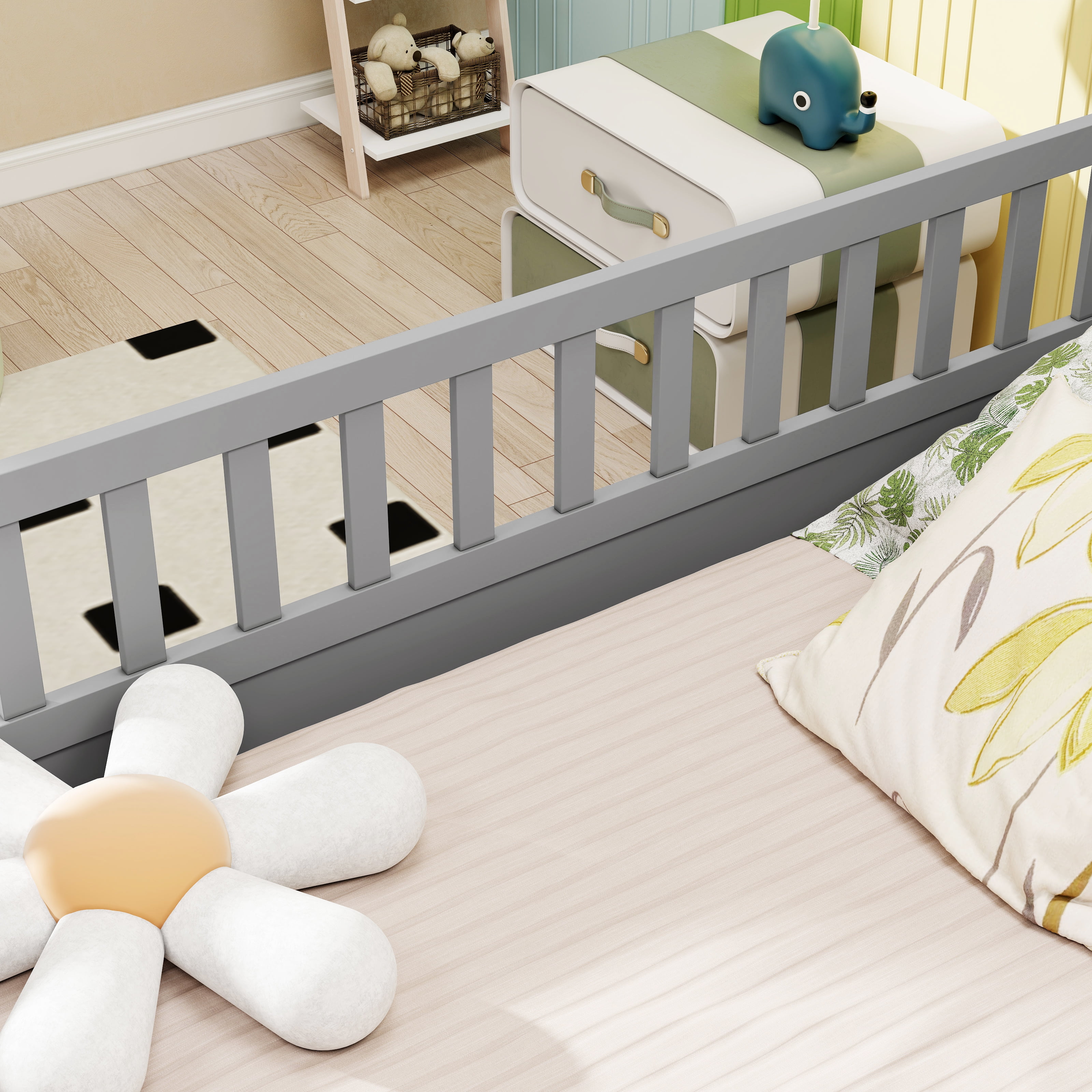 Euroco Wood Floor Bed with Fence and Door for Kids, Full, Gray
