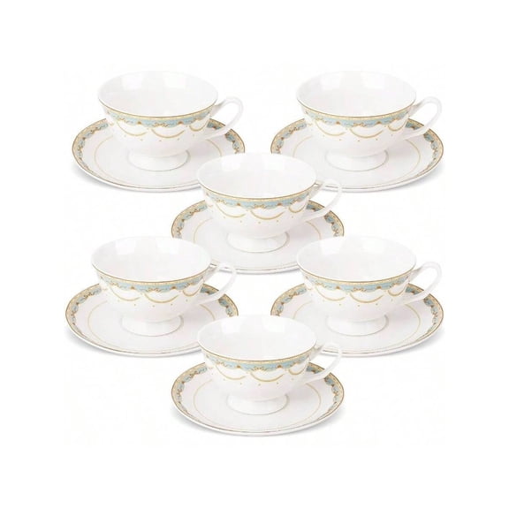 Bone China Teacup And Saucer Set, Blue Filigree Porcelain Cups Set 6, Vintage Royal Bow Tea Service Afternoon Tea Coffee