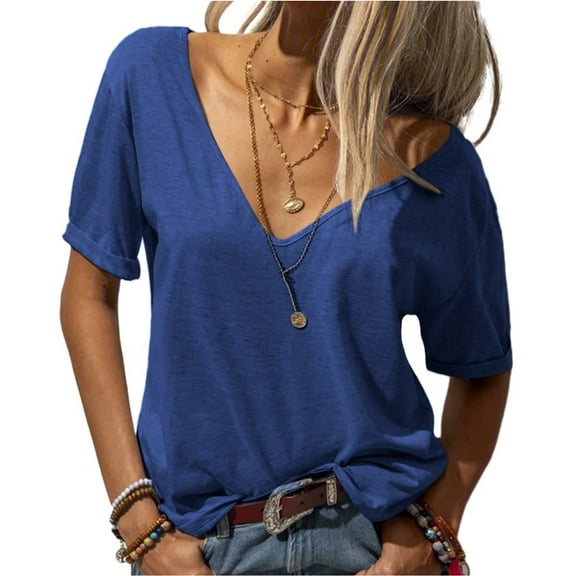 Deep V-neck Women Short Sleeved Casual Solid Colro T-shirt Tops