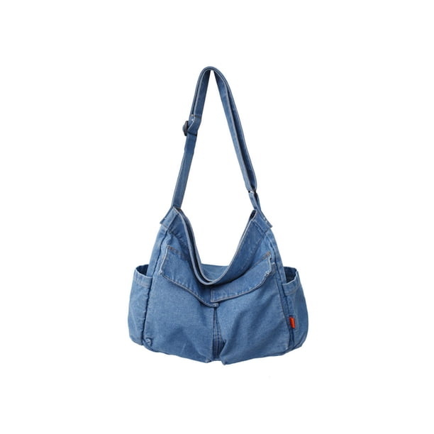 (Envío Por La Mitad) Bolso Mezclilla Ins Bolso Hombro Coreano Bolso Cruzado Japonés Harajuku Retro Literario Perezoso Mujer Gran Capacidad Azul