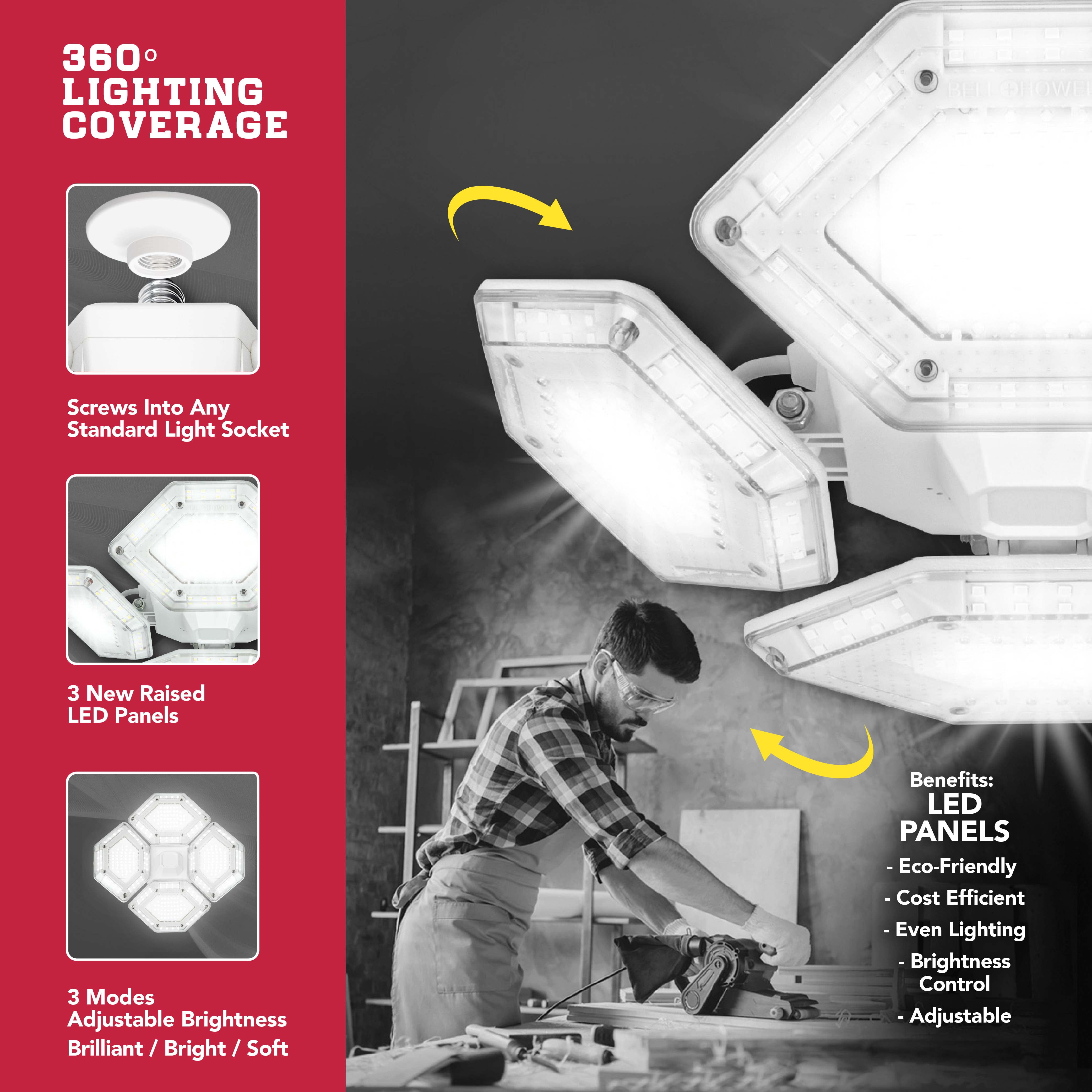 Bell + Howell Quad Burst Garage Light 384 LED 5500 Lumen Light Bright Ceiling Socket Shop Light