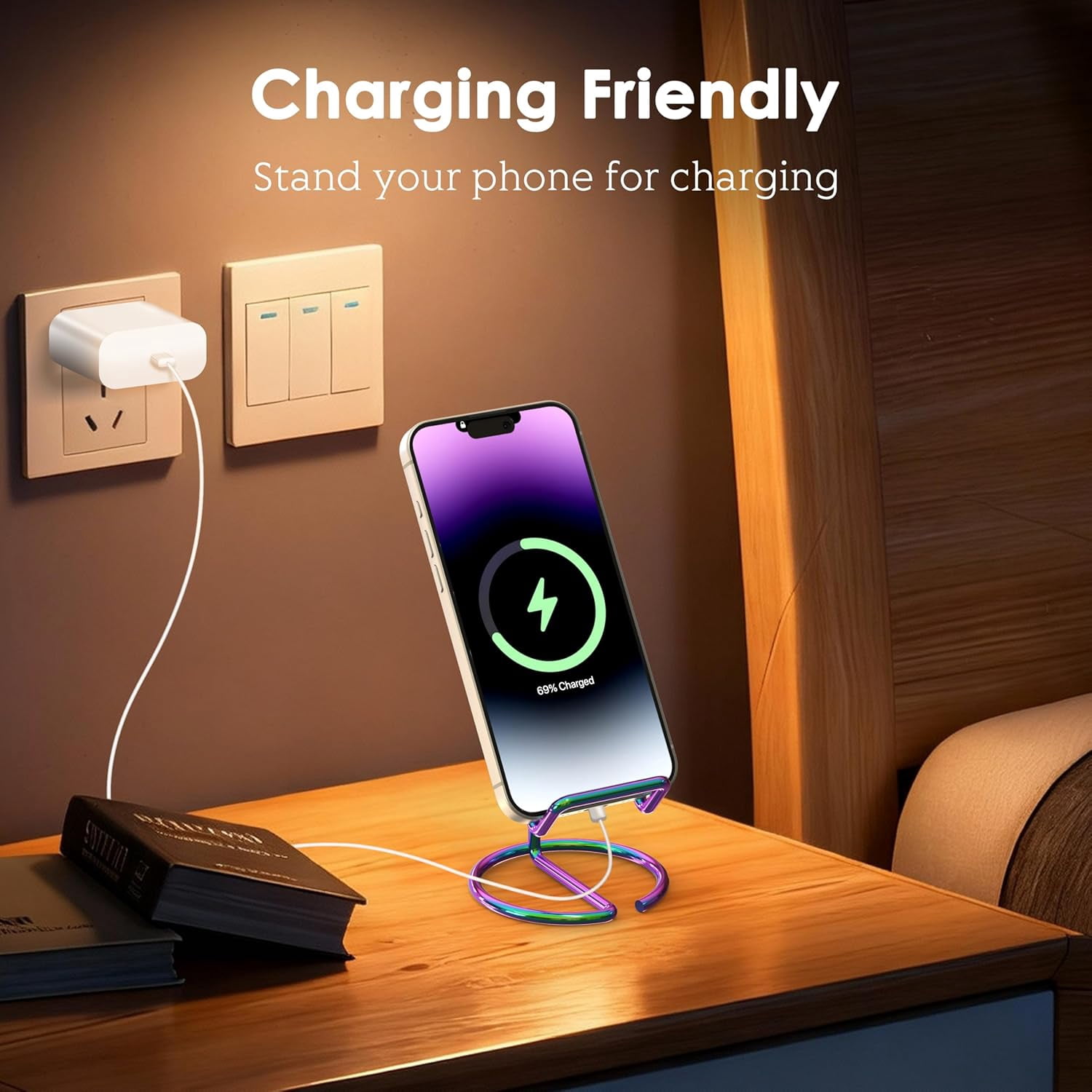 Metal Cell Phone Stand for Desk, Cute One-Piece Phone Holder, Stable Desktop Display Dock for iPhone, iPad, Samsung, Tablets & All Mobile Phones, Colorful