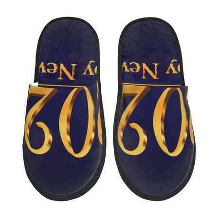 

Fuzoiu 2025 Happy New Year 3 Print Unisex Furry Slippers Plush Indoor Shoes Trendy House Slippers Anti-Skid EVA Sole House Shoes for Home Office and Travel -Large